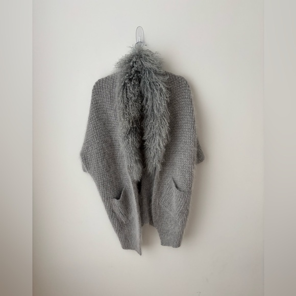 Sweaters - Wool Blend Cardigan Coat With Removable Mongolian Fur Collar Gray Size L